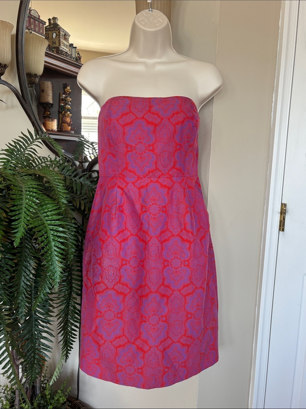 J. Crew Strapless Pink & Purple Floral Damask Jacquard Silk-Blend Cocktail Dress